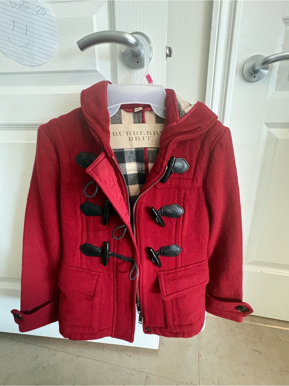 Burberry Red Kids Toggle Wool Pea Coat